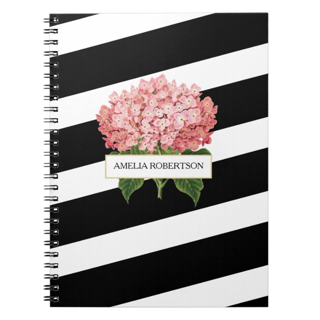 Bold Stripes & Pink Hydrangeas Personalized Notebook (Front)