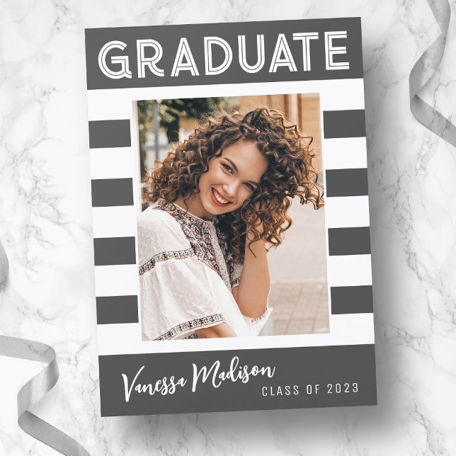 Bold Stripes Simple Retro Graduate Photo Gray Announcement (Creator Uploaded)