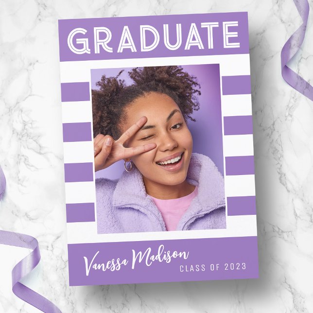 Bold Stripes Simple Retro Graduate Photo Violet Announcement (Creator Uploaded)