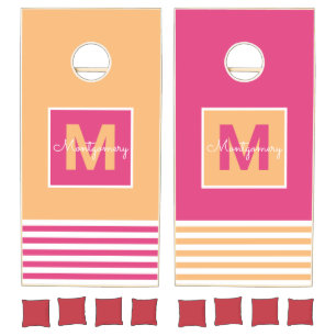 Bold Stripes White Pink and Orange Monogrammed Cornhole Set