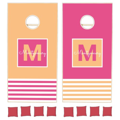 Bold Stripes White Pink and Orange Monogrammed Cornhole Set