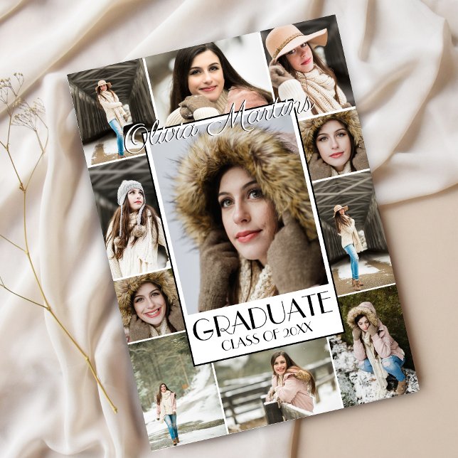 Bold Stylish Graduate Photo Collage Graduation Invitation (Modern Stylish Photo Collage Graduation Announcement Invitation for High School College Graduate)