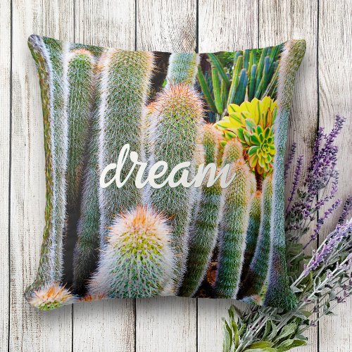 Bold Stylish Green Fuzzy Cacti Photo Dream Script Throw Pillow