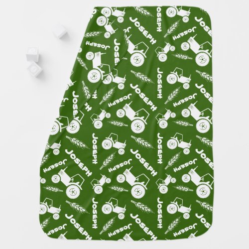 Bold stylized tractor graphic wheat name green baby blanket