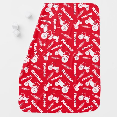 Bold stylized tractor graphic wheat name red baby blanket