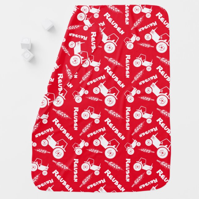 Bold stylized tractor graphic wheat name red baby blanket (In Situ)