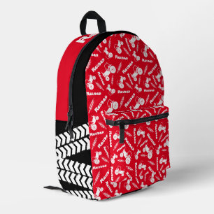 Bold stylized tractor graphic wheat name red printed backpack