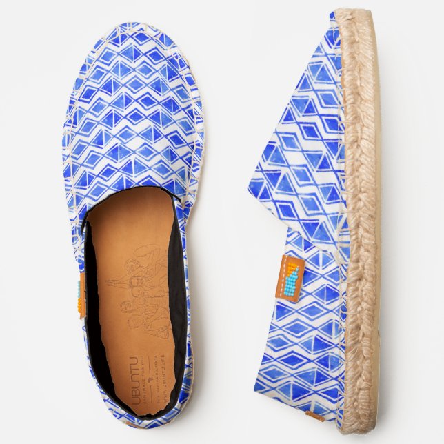 Bold Summer Blue White Diamond Block Print Batik Espadrilles (Side)