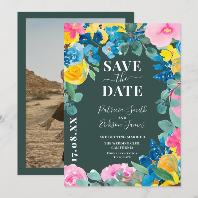  bold summer floral photo wedding save the date (Front/Back)
