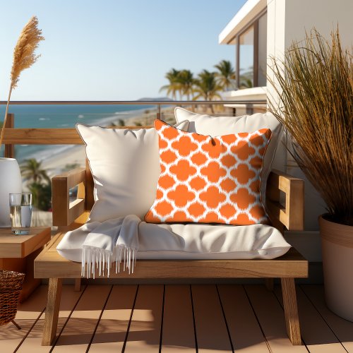 Bold Summer Orange Ikat Quatrefoil Art Pattern Throw Pillow