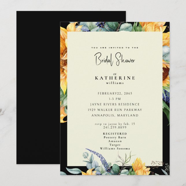Bold Summer Sunflower Black & Cream Bridal Shower  Invitation (Front/Back)