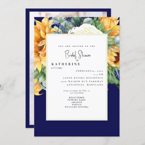 Bold Summer Sunflower Navy Bridal Shower Photo Invitation