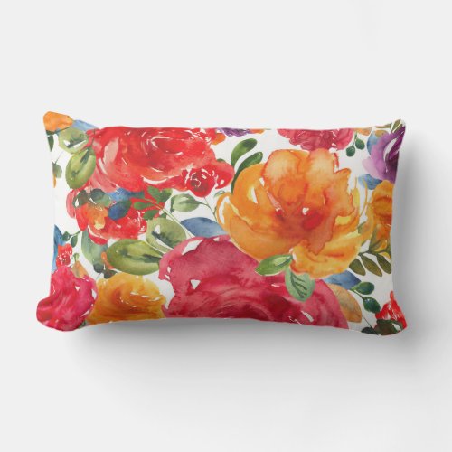 Bold Summer Watercolor Floral Red Orange Purple Lumbar Pillow