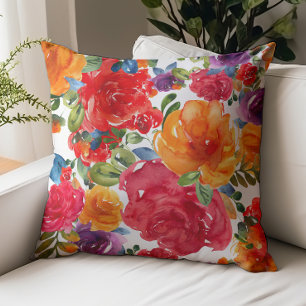 Bold Summer Watercolor Floral Red Orange Purple Throw Pillow