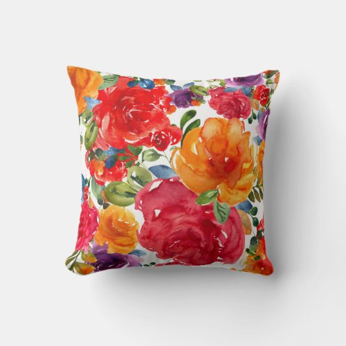 Bold Summer Watercolor Floral Red Orange Purple Throw Pillow