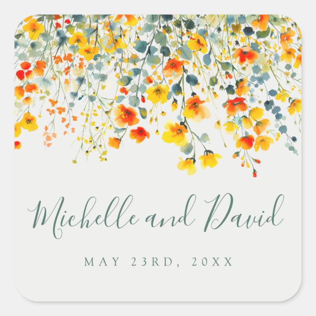 Bold Summer Watercolor Floral Wedding Square Sticker (Front)