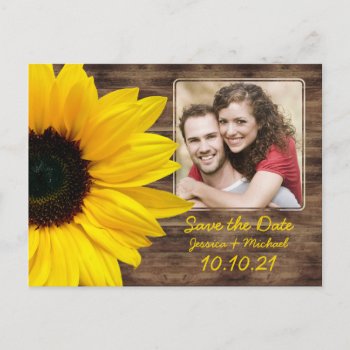 Bold Sunflower Wood Photo Wedding Save The Date Announcement Postcard by wasootch at Zazzle