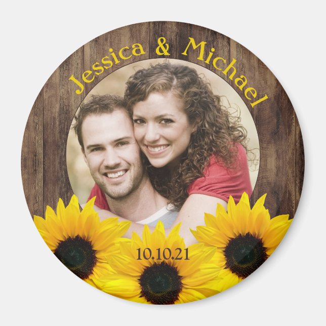 Bold Sunflower Wood Photo Wedding Save the Date Magnet (Front)