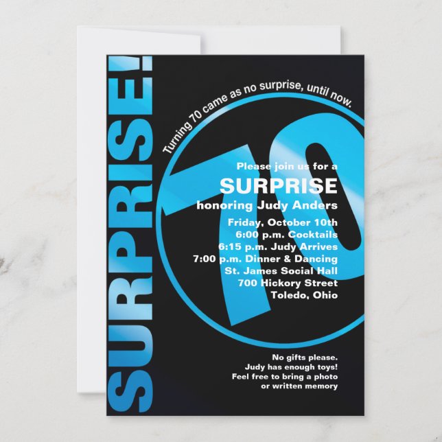 Bold Surprise Birthday Invitation - Blue 70th (Front)