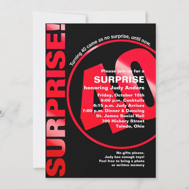 Bold Surprise Birthday Invitation - Red 40th (Front)