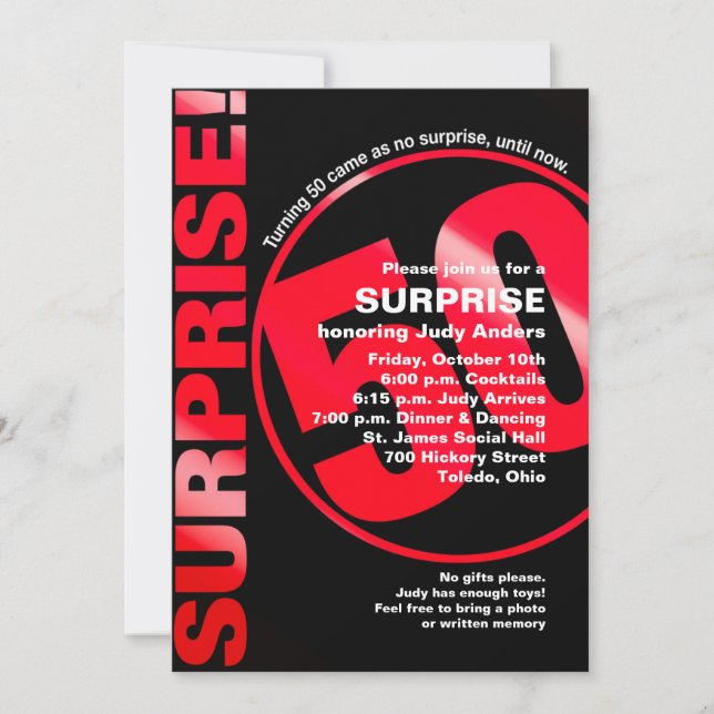 Bold Surprise Birthday Invitation - Red 50th (Front)