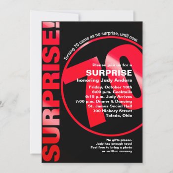 Bold Surprise Birthday Invitation - Red 70th by NaptimeCards at Zazzle