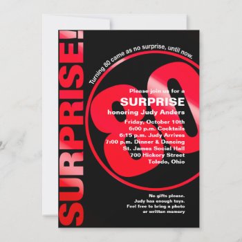 Bold Surprise Birthday Invitation - Red 80th by NaptimeCards at Zazzle