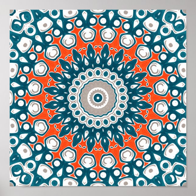 Bold Teal and Coral Symmetrical Mandala Poster (Front)