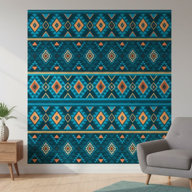 Bold Teal and Orange Aztec Geometric Tribal Patter Wallpaper (Creator Uploaded)