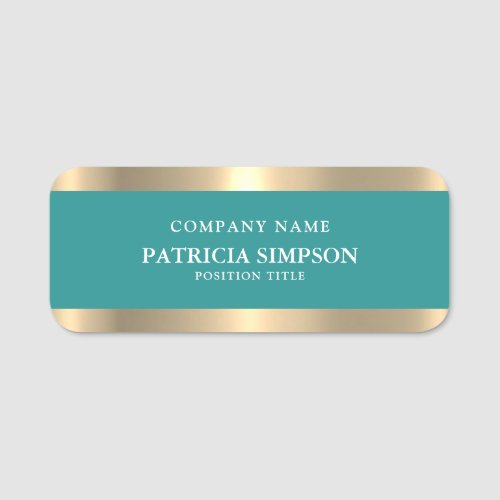 Bold Teal Green And Luxury Metallic Golden Borders Name Tag
