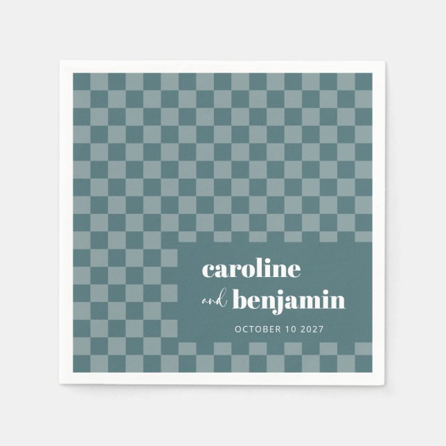 Bold Teal Green Checkerboard Custom Wedding Napkins (Front)
