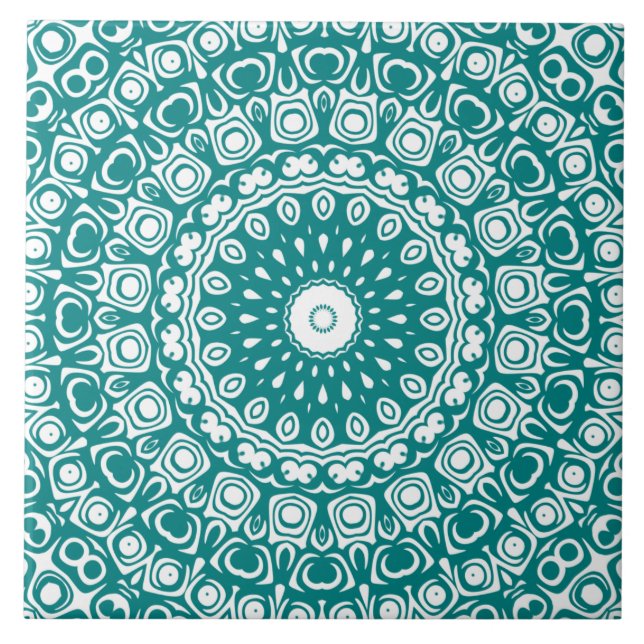 Bold Teal Mandala Pattern Ceramic Tile (Front)