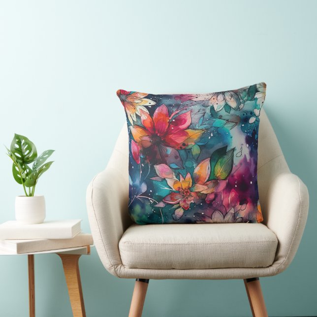Bold Teal Orange Watercolor Flowers Throw Pillow (Chair)