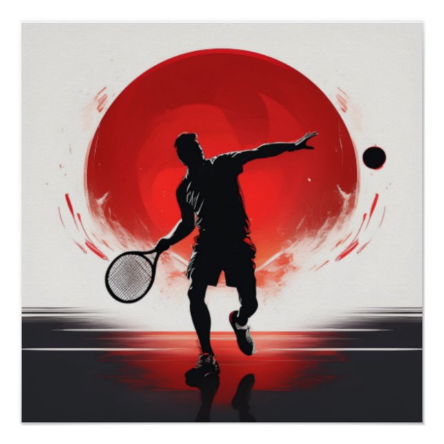 Bold Tennis Silhouette Against Red Sun Poster (Front)