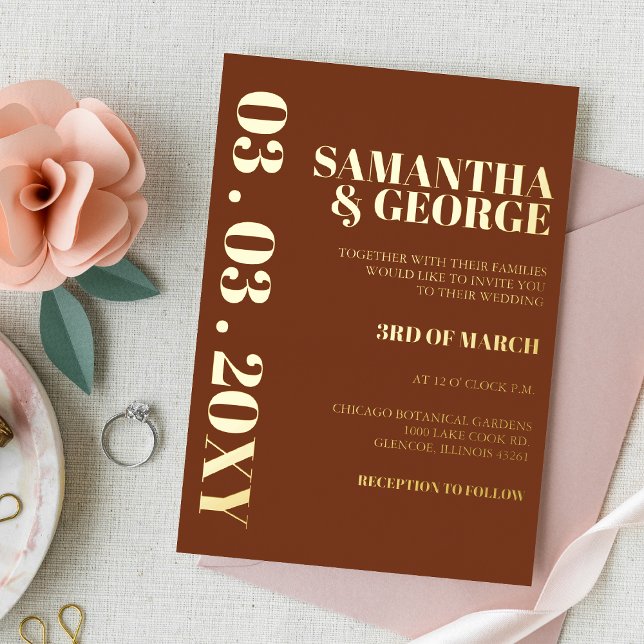 Bold Terracotta Burnt Orange Modern Wedding Foil Invitation (Creator Uploaded)