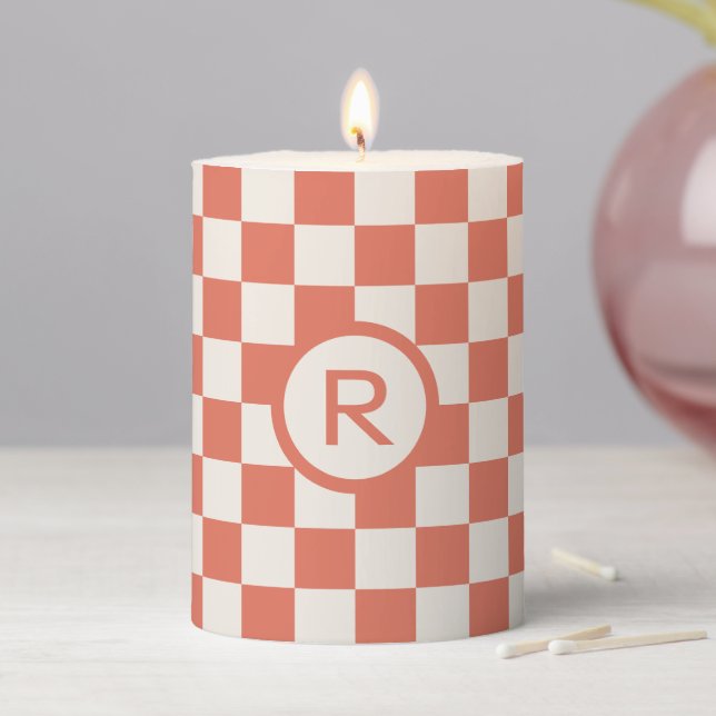 Bold Terracotta Cream Checkered Pattern Monogram Pillar Candle (In Situ)