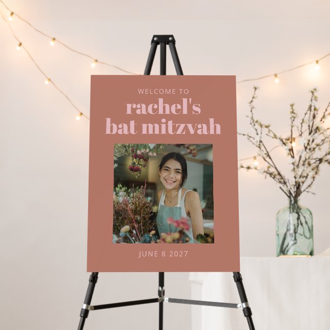 Bold Terracotta Pink Bat Mitzvah Photo Welcome Foam Board (In Situ (Stand))