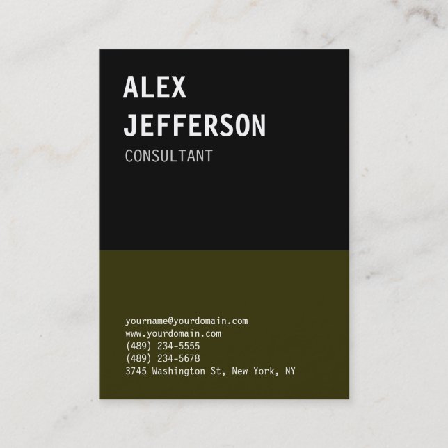 Bold Text Black Brownish Green Business Card (Front)