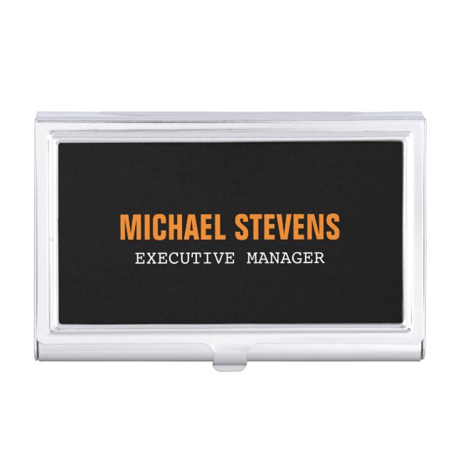 Bold Text Black White Orange Stylish Professional Business Card Case (Front)