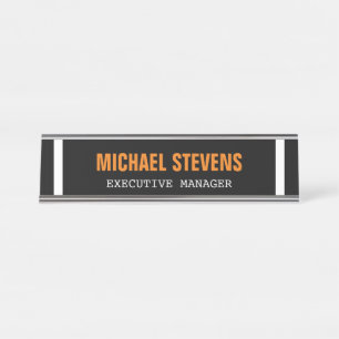 Bold Text Black White Orange Stylish Professional Desk Name Plate