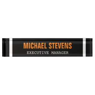 Bold Text Black White Orange Stylish Professional Desk Name Plate