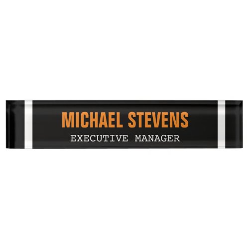 Bold Text Black White Orange Stylish Professional Desk Name Plate