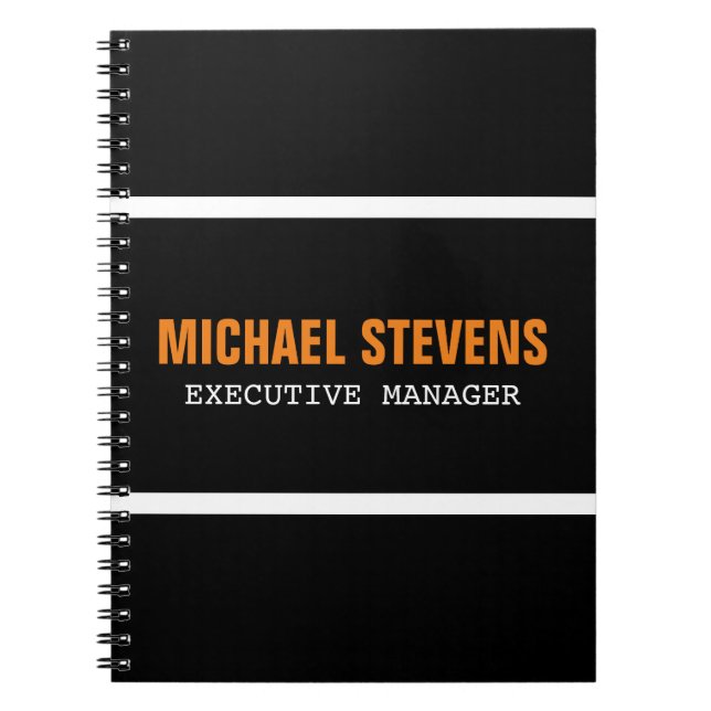 Bold Text Black White Orange Stylish Your Name Notebook (Front)