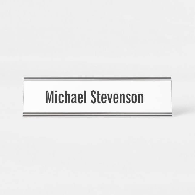 Bold Text Black White Personalized Plain Modern Desk Name Plate (Front)
