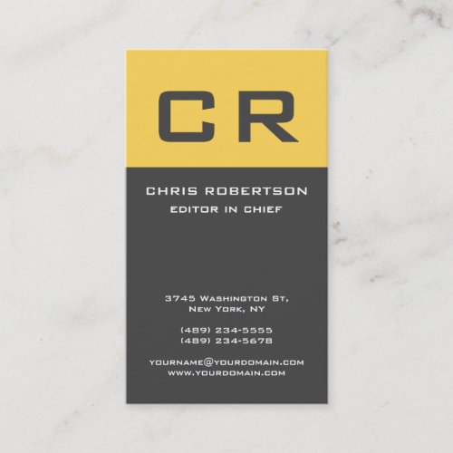 Bold Text Monogram Grey Yellow Modern Minimalist Business Card