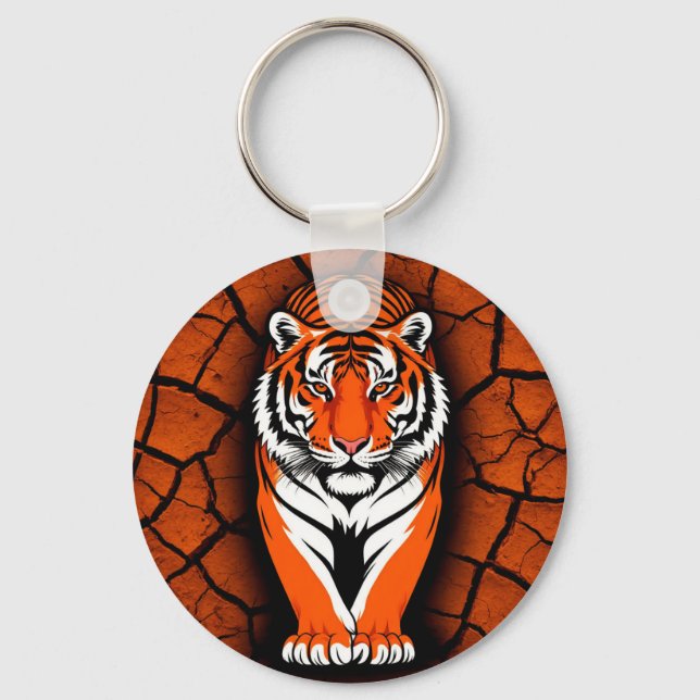 Bold Tiger on Cracked Earth Backgroun Keychain (Front)