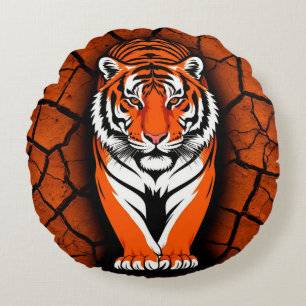 Bold Tiger on Cracked Earth Backgroun Round Pillow