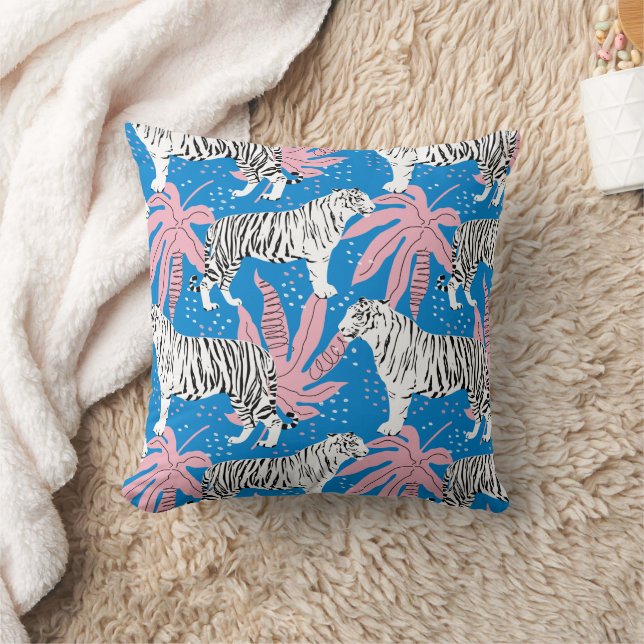 Bold Tiger Pattern in Blue and Pink Throw Pillow (Blanket)