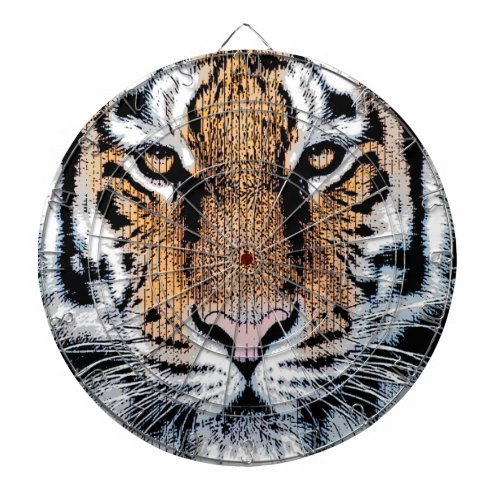 Bold Tiger Portrait Graphic Press Style Dartboard With Darts
