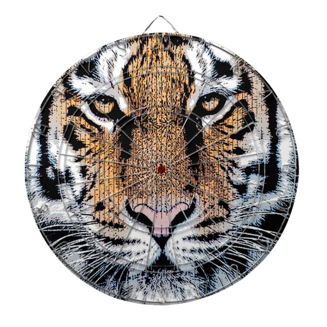 Bold Tiger Portrait Graphic Press Style Dartboard With Darts (Front)